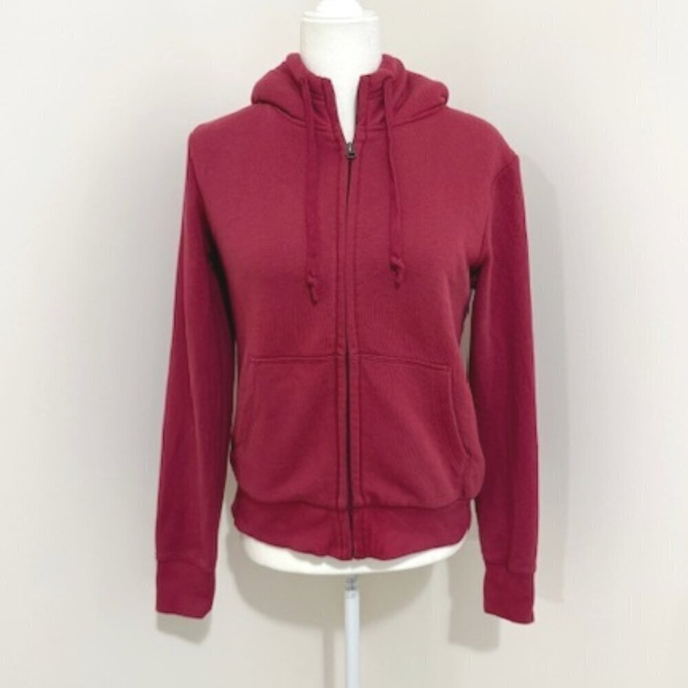 Uniqlo Sherpa Lined Burgundy Jacket Full Zip Pockets Hooded Athleisure Women's S